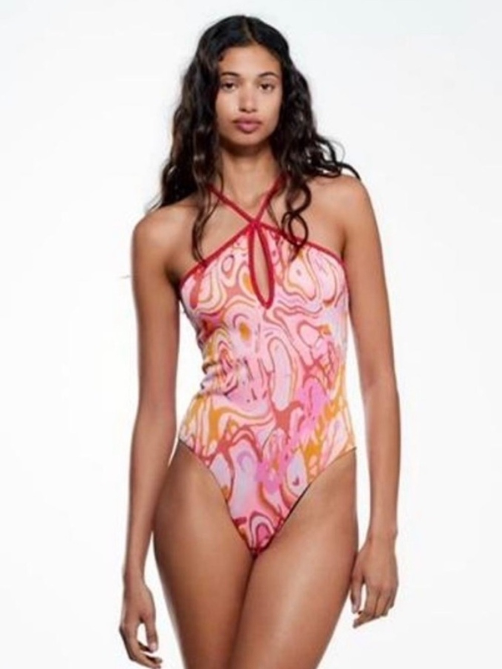 Zara Retro Swirl Halter Bodysuit NWT Pink Orange Jacquard Keyhole Size S